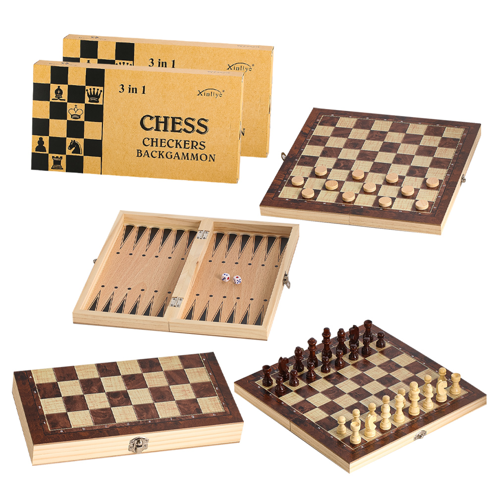 Chess Set Wooden - Drewniany zestaw 3 w 1: warcaby,